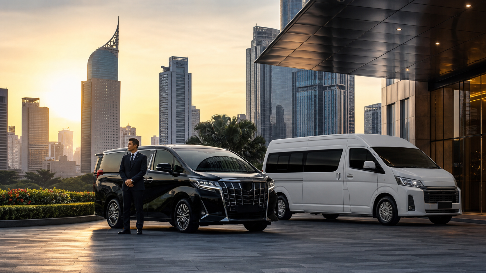 Toyota Alphard rental in Jakarta for Chinese business clients with Jakarta skyline